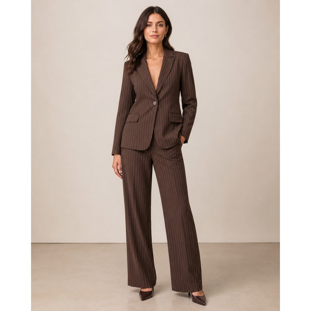 Jones New York Suit Womens 10 Brown Pinstripe Blazer and Wide Leg Pants Set